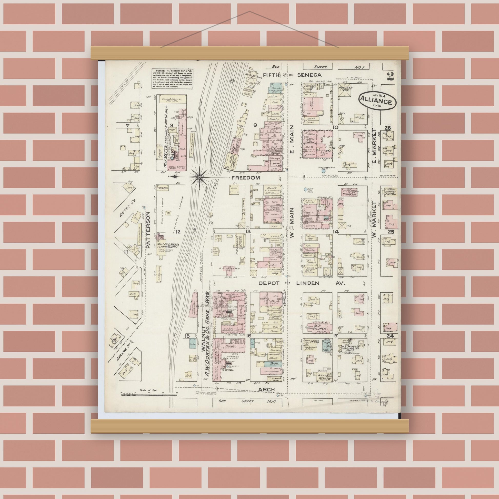 Old map wall art mockup — magnetic wood frame on brick wall — Sanborn Fire Insurance Map from Alliance, Stark County, Ohio (1884), Sheet #0002
