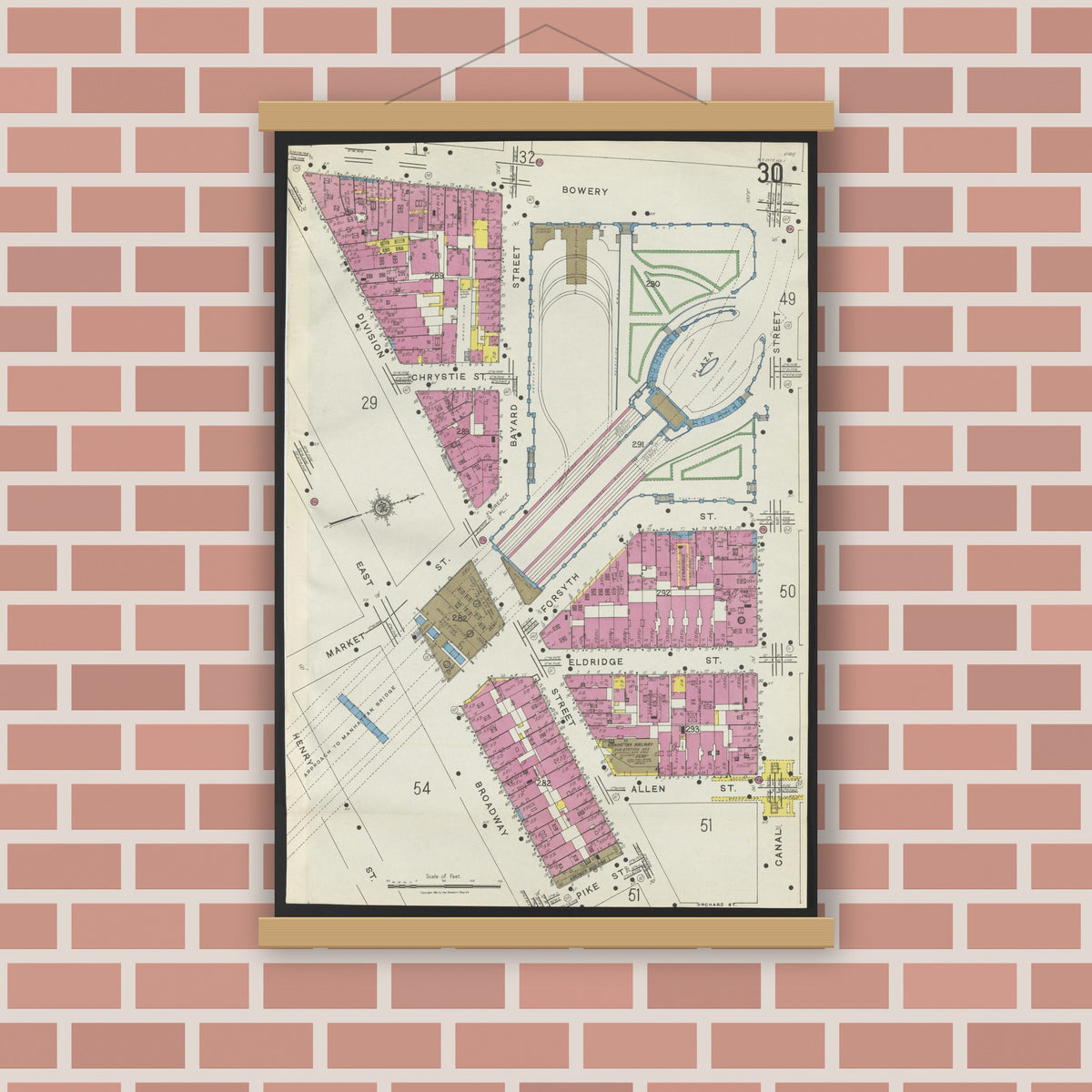 Old map wall art mockup — magnetic wood frame on brick wall — Sanborn Fire Insurance Map from New York, Bronx, Manhattan, New York (1923), Sheet #0030