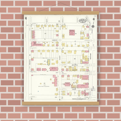 Old map wall art mockup — magnetic wood frame on brick wall — Sanborn Fire Insurance Map from Ambridge, Beaver County, Pennsylvania (1923), Sheet #0006