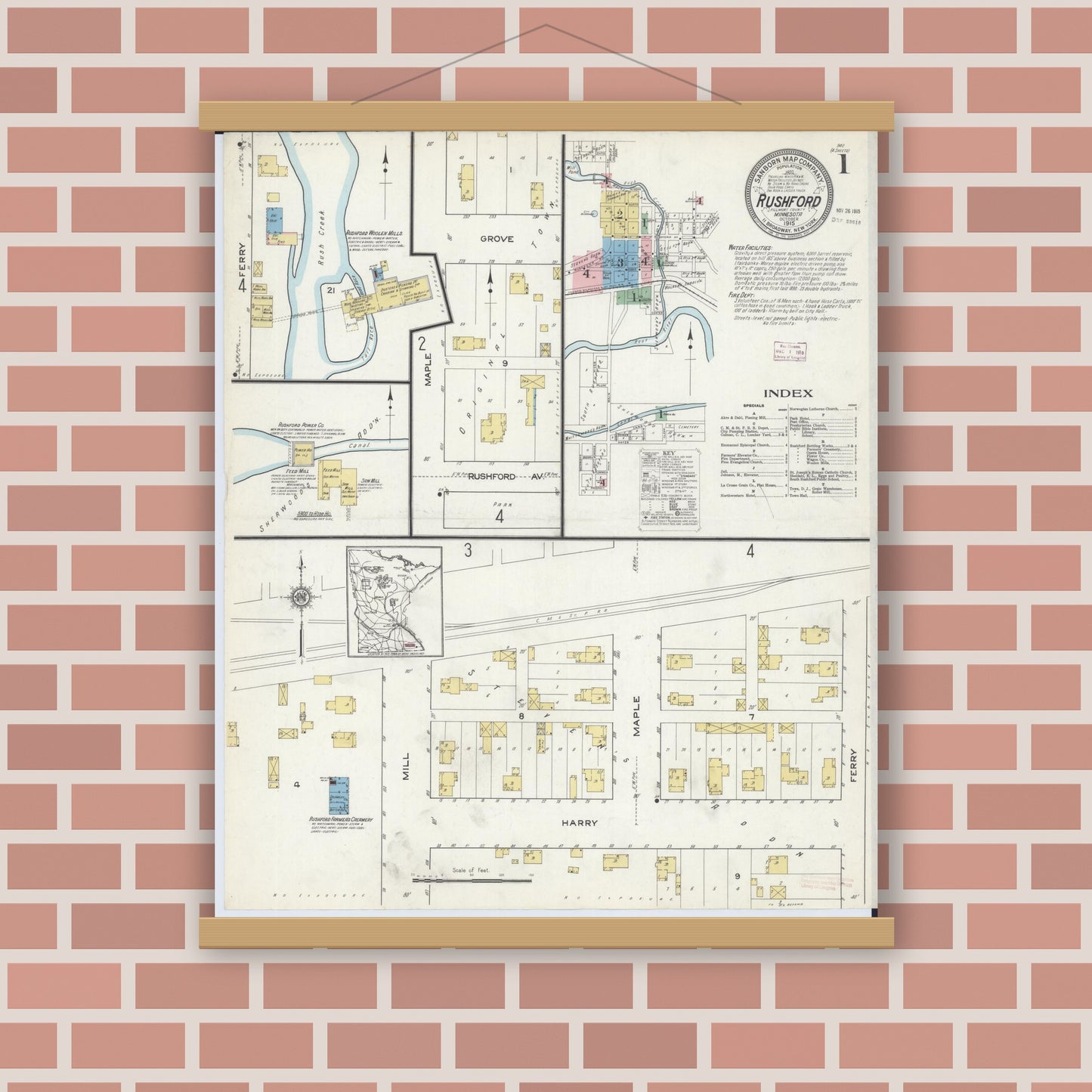 Old map wall art mockup — magnetic wood frame on brick wall — Sanborn Fire Insurance Map from Rushford, Fillmore County, Minnesota (1915) - Complete Map Set