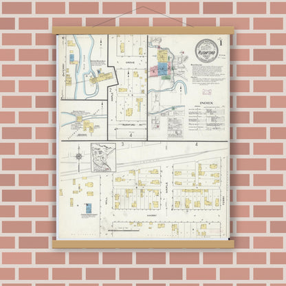 Old map wall art mockup — magnetic wood frame on brick wall — Sanborn Fire Insurance Map from Rushford, Fillmore County, Minnesota (1915) - Complete Map Set