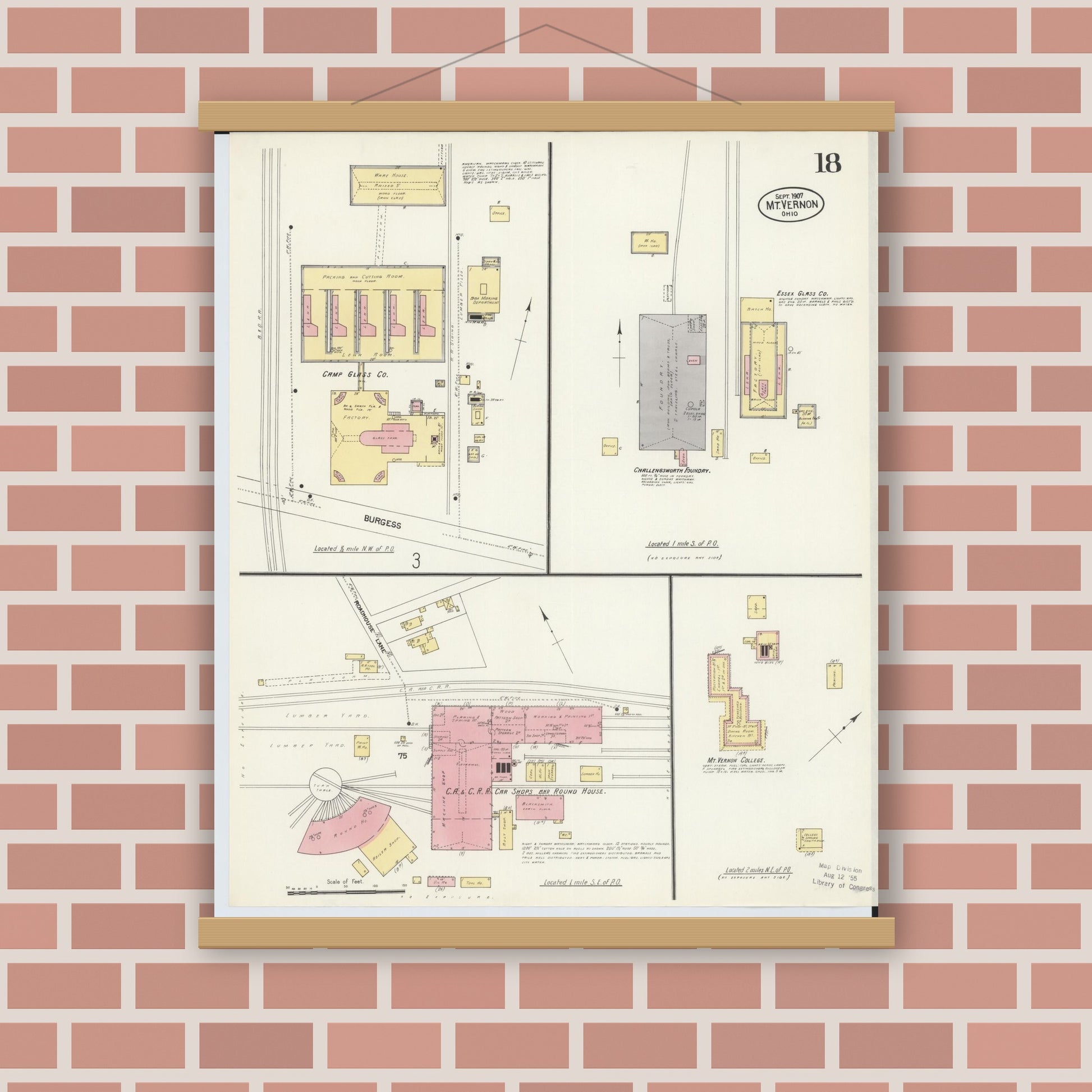 Old map wall art mockup — magnetic wood frame on brick wall — Sanborn Fire Insurance Map from Mount Vernon, Knox County, Ohio (1907), Sheet #0018