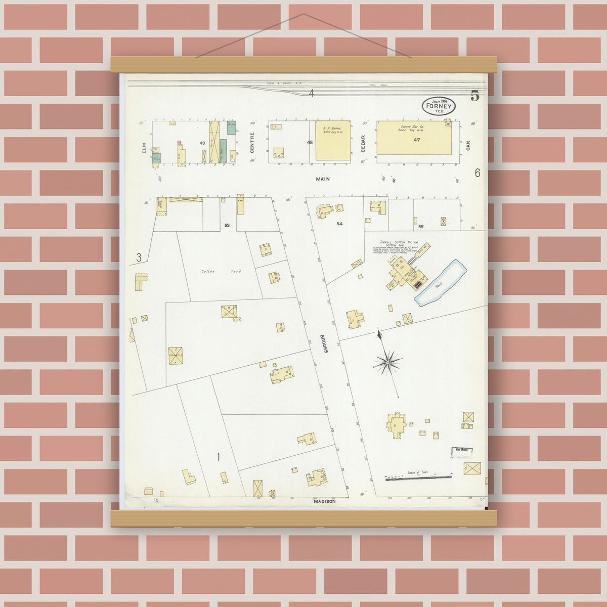 Old map wall art mockup — magnetic wood frame on brick wall — Sanborn Fire Insurance Map from Forney, Kaufman County, Texas (1906), Sheet #0005