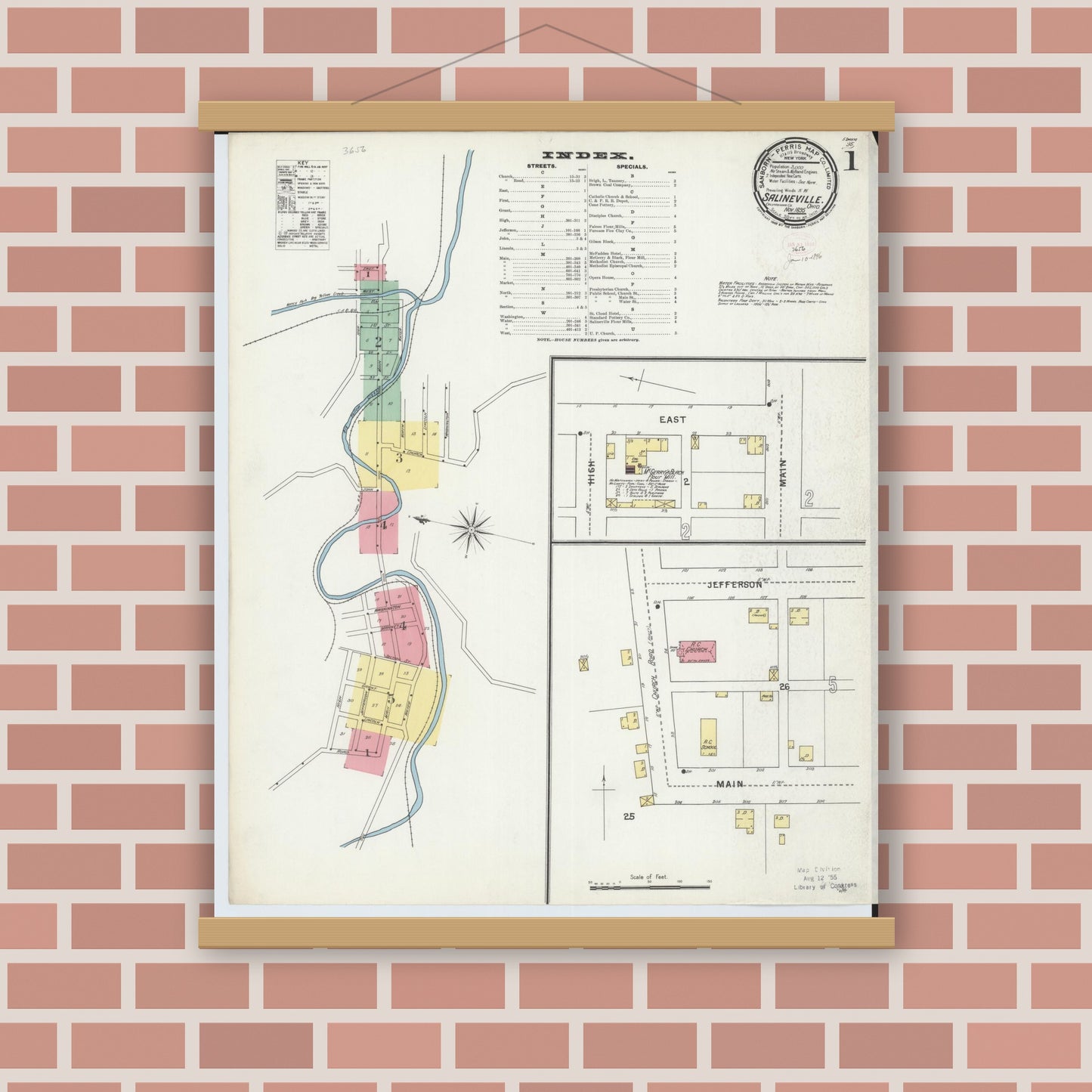 Old map wall art mockup — magnetic wood frame on brick wall — Sanborn Fire Insurance Map from Salineville, Columbiana County, Ohio (1895) - Complete Map Set