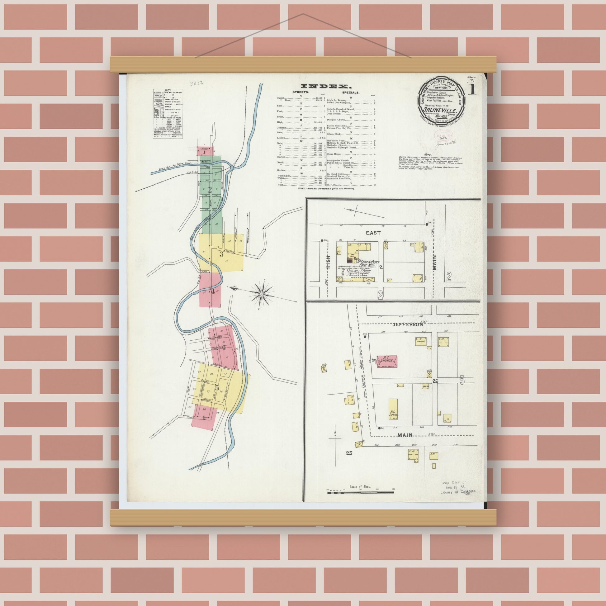 Old map wall art mockup — magnetic wood frame on brick wall — Sanborn Fire Insurance Map from Salineville, Columbiana County, Ohio (1895) - Complete Map Set