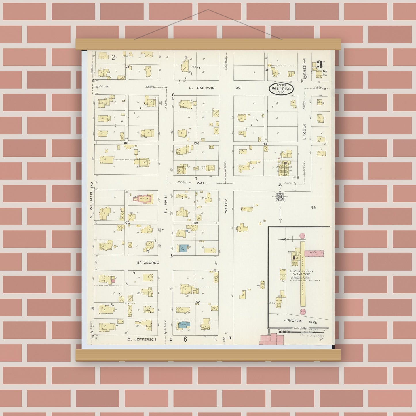 Old map wall art mockup — magnetic wood frame on brick wall — Sanborn Fire Insurance Map from Paulding, Paulding County, Ohio (1913), Sheet #0003
