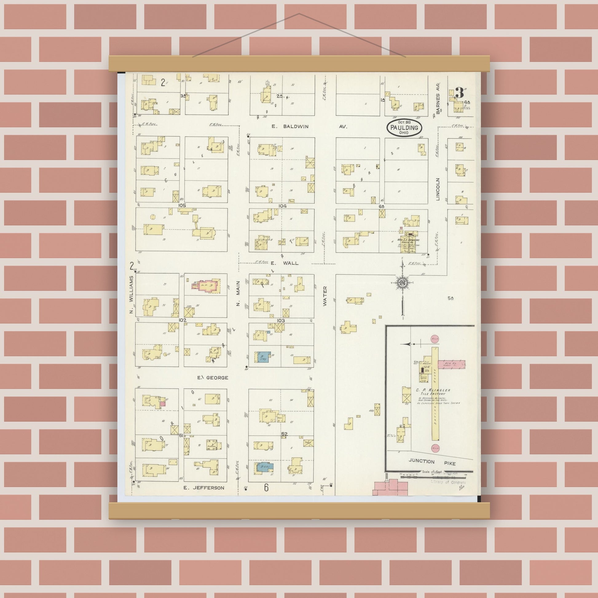 Old map wall art mockup — magnetic wood frame on brick wall — Sanborn Fire Insurance Map from Paulding, Paulding County, Ohio (1913), Sheet #0003