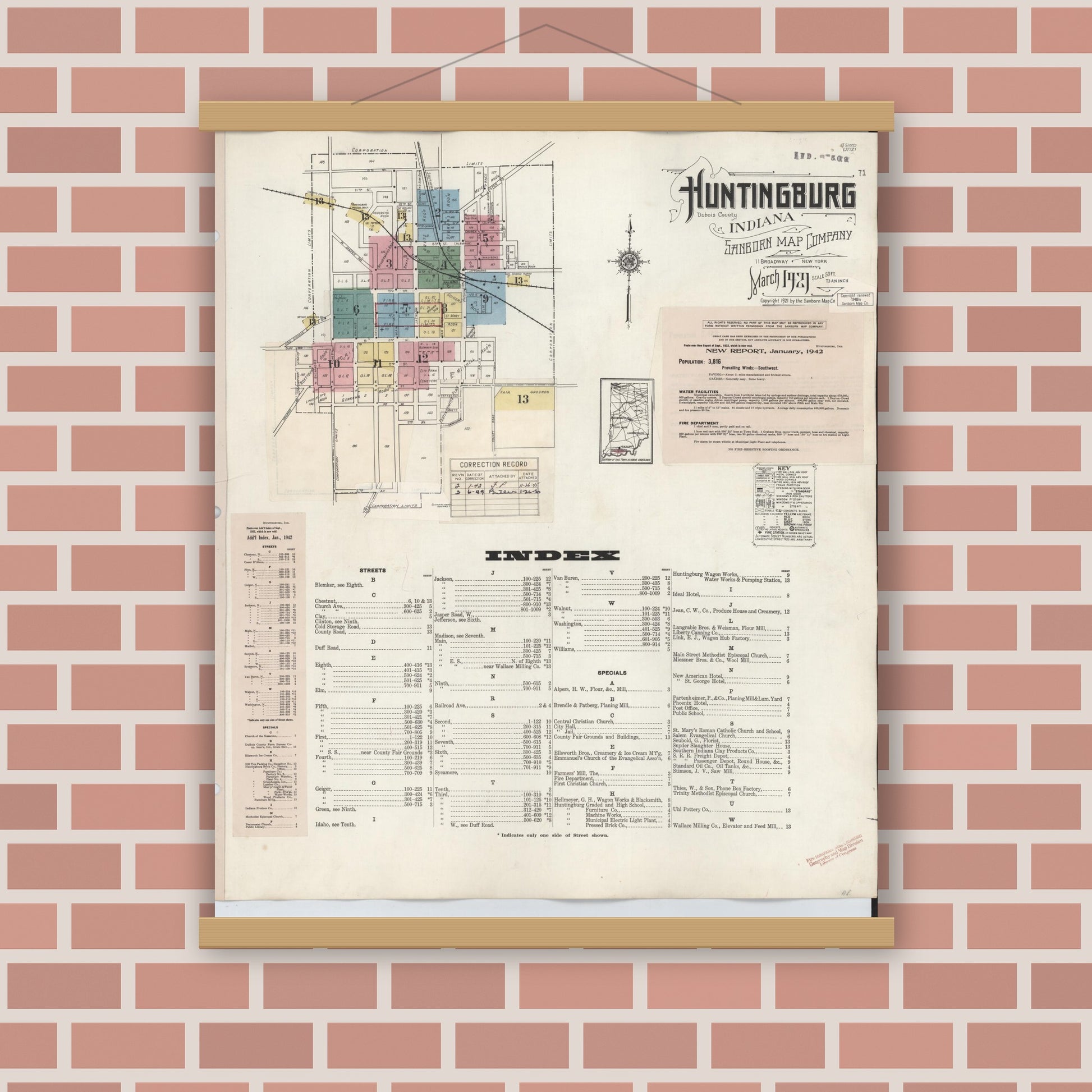 Old map wall art mockup — magnetic wood frame on brick wall — Sanborn Fire Insurance Map from Huntingburg, Dubois County, Indiana (1949) - Complete Map Set