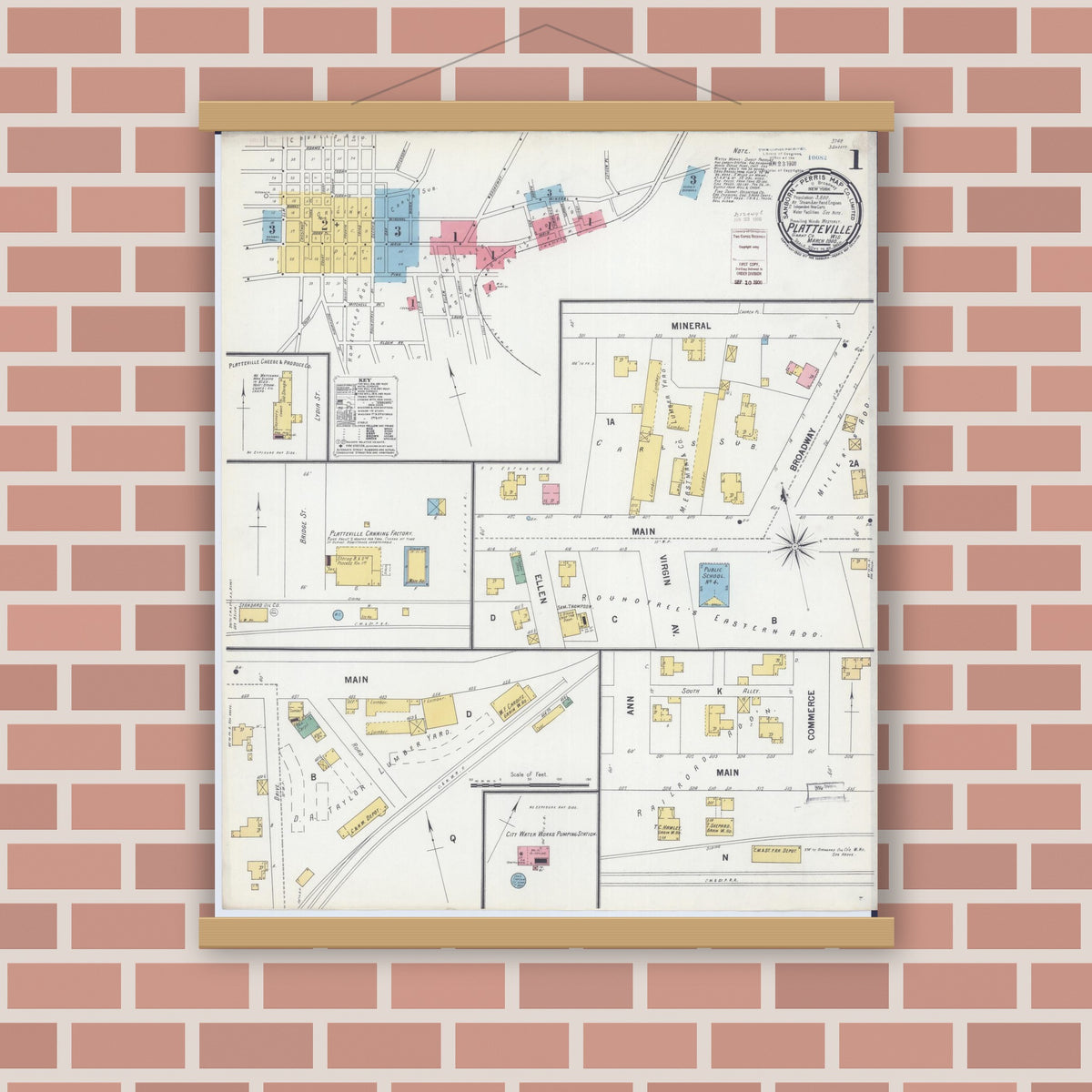 Old map wall art mockup — magnetic wood frame on brick wall — Sanborn Fire Insurance Map from Platteville, Grant County, Wisconsin (1900) - Complete Map Set