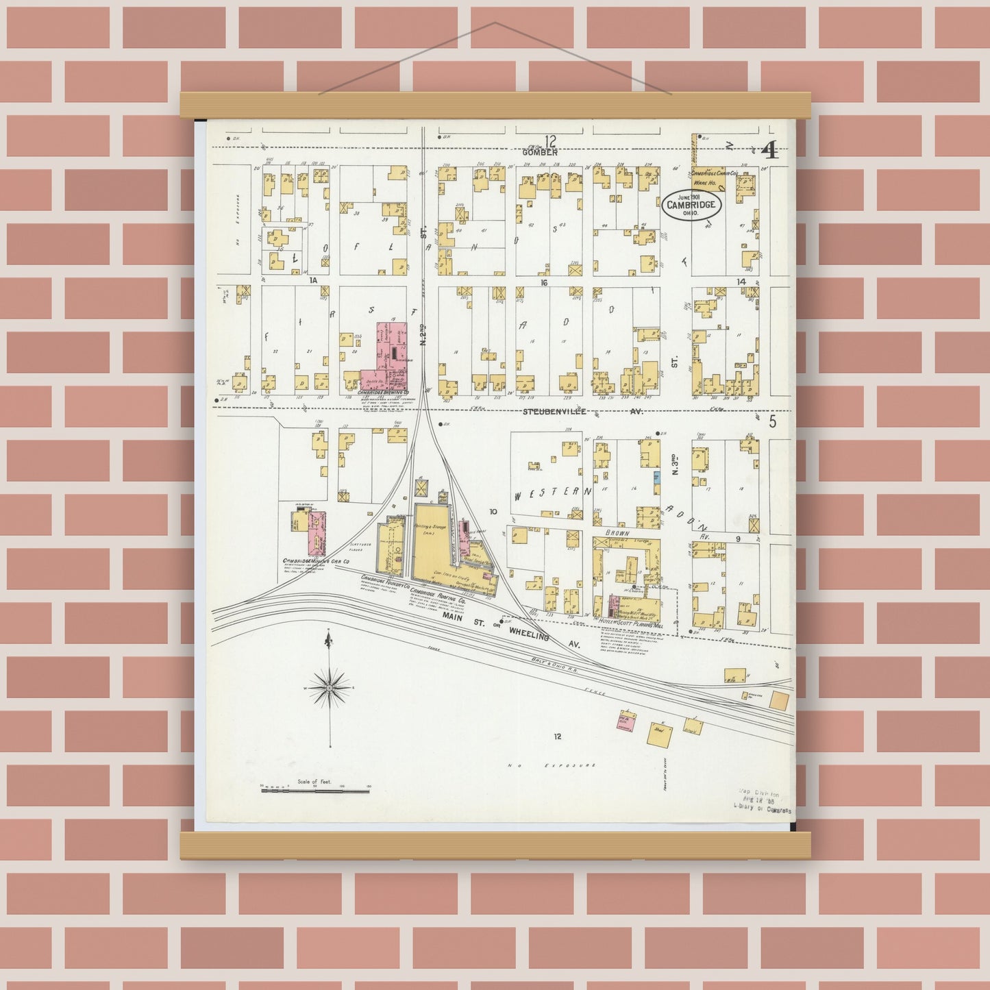 Old map wall art mockup — magnetic wood frame on brick wall — Sanborn Fire Insurance Map from Cambridge, Guernsey County, Ohio (1901), Sheet #0004