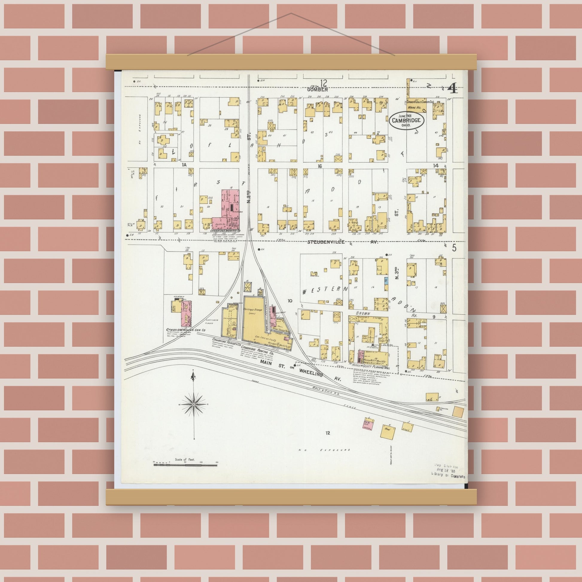 Old map wall art mockup — magnetic wood frame on brick wall — Sanborn Fire Insurance Map from Cambridge, Guernsey County, Ohio (1901), Sheet #0004