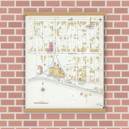 Old map wall art mockup — magnetic wood frame on brick wall — Sanborn Fire Insurance Map from Cambridge, Guernsey County, Ohio (1901), Sheet #0004