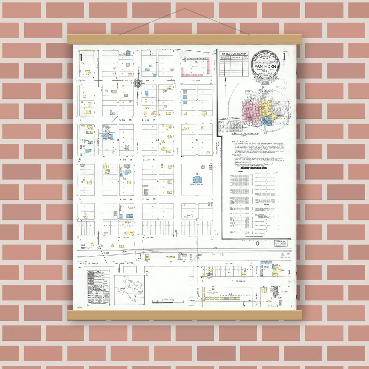 Old map wall art mockup — magnetic wood frame on brick wall — Sanborn Fire Insurance Map from Van Horn, Culberson County, Texas (1950), Sheet #0001