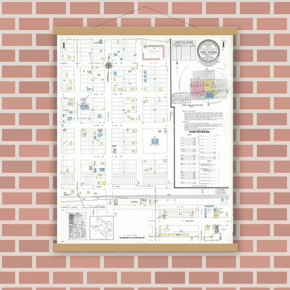 Old map wall art mockup — magnetic wood frame on brick wall — Sanborn Fire Insurance Map from Van Horn, Culberson County, Texas (1950), Sheet #0001