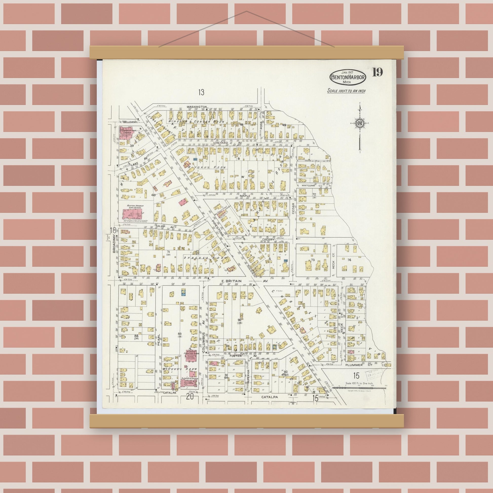 Old map wall art mockup — magnetic wood frame on brick wall — Sanborn Fire Insurance Map from Benton Harbor, Berrien County, Michigan (1917), Sheet #0019