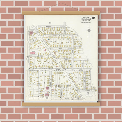 Old map wall art mockup — magnetic wood frame on brick wall — Sanborn Fire Insurance Map from Benton Harbor, Berrien County, Michigan (1917), Sheet #0019