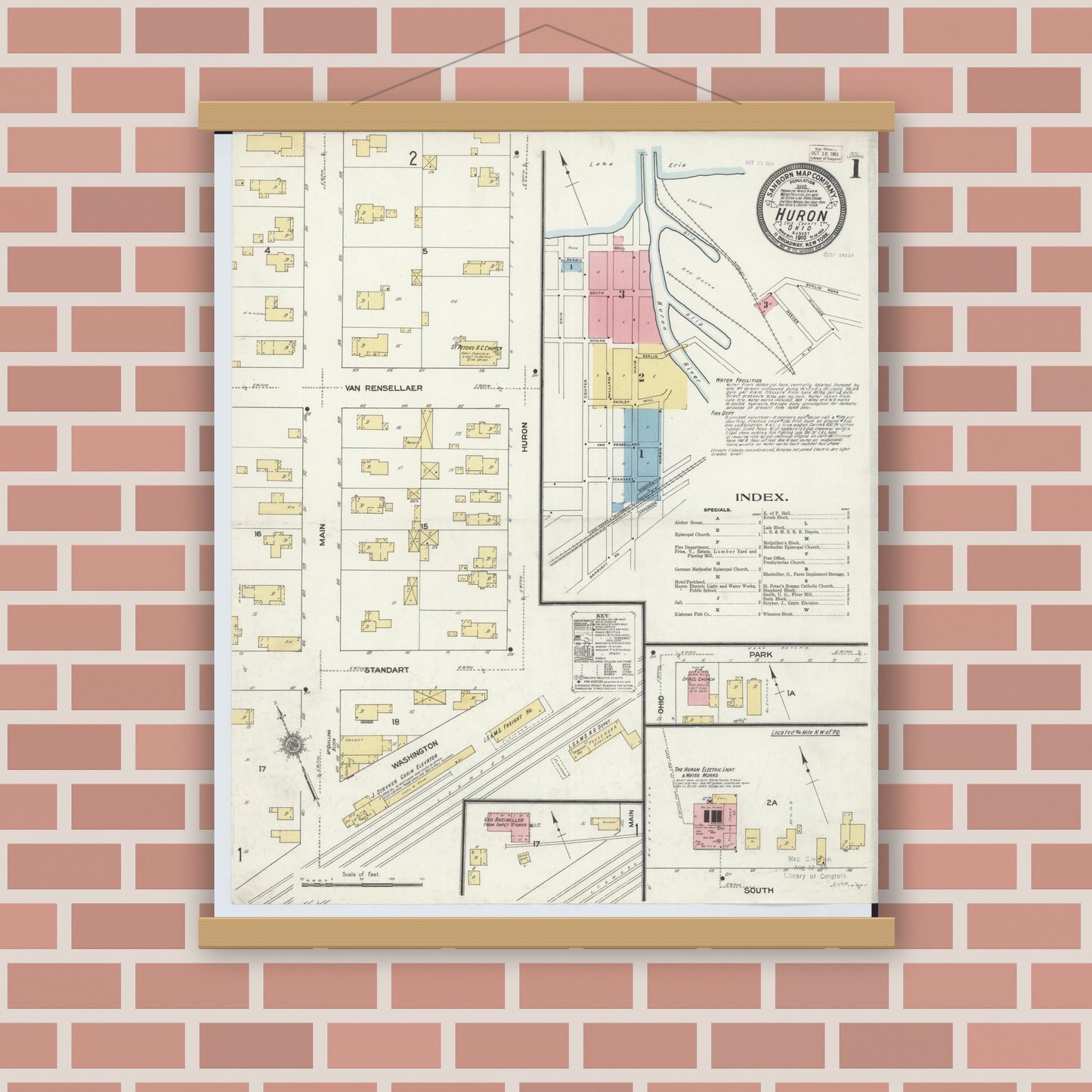 Old map wall art mockup — magnetic wood frame on brick wall — Sanborn Fire Insurance Map from Huron, Erie County, Ohio (1910), Sheet #0001
