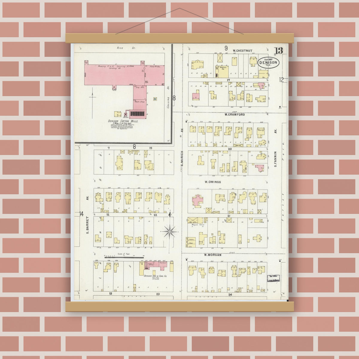 Old map wall art mockup — magnetic wood frame on brick wall — Sanborn Fire Insurance Map from Denison, Grayson County, Texas (1897), Sheet #0013