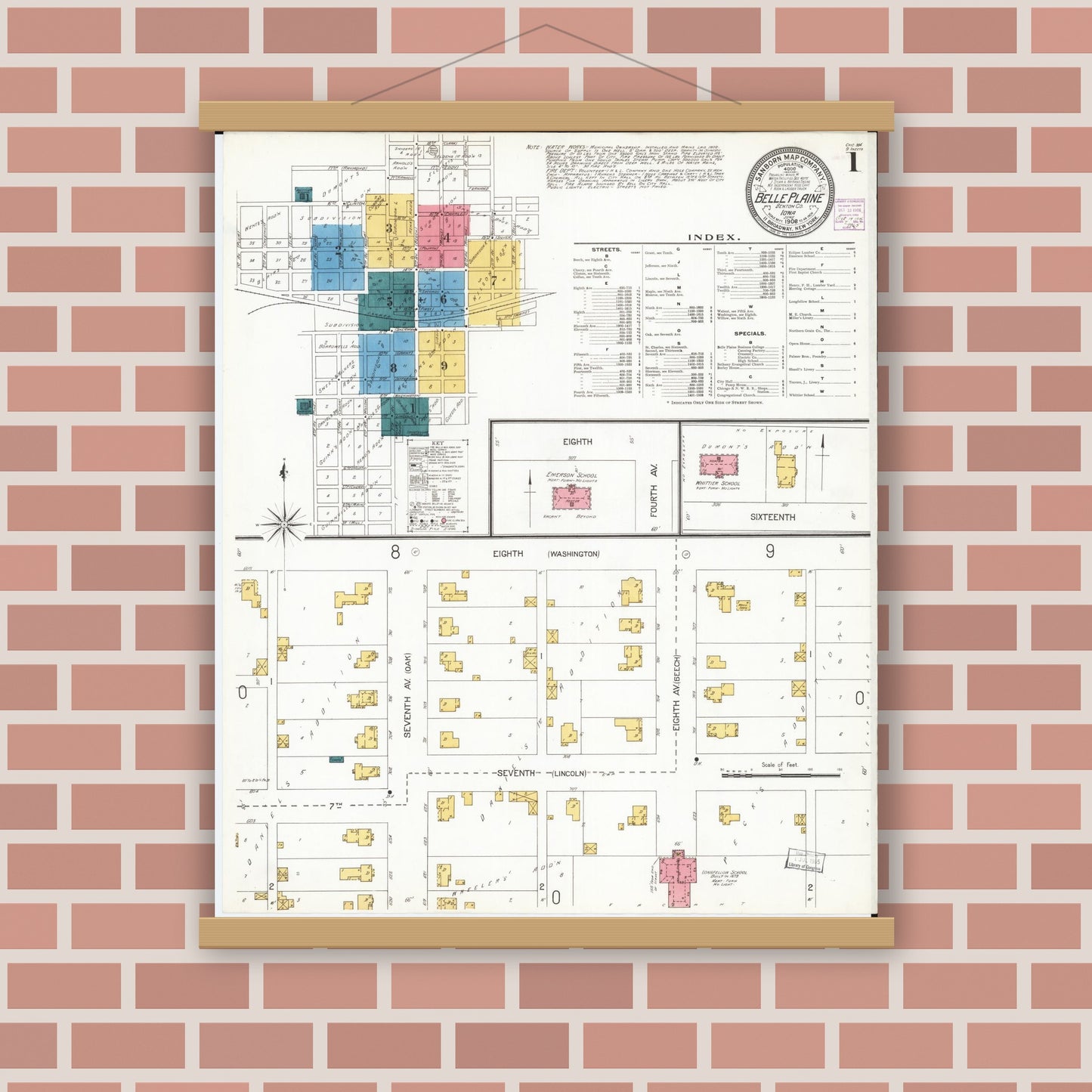 Old map wall art mockup — magnetic wood frame on brick wall — Sanborn Fire Insurance Map from Belle Plaine, Benton County, Iowa (1906) â€” Complete Set