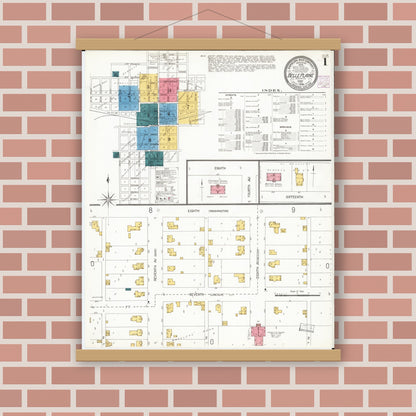 Old map wall art mockup — magnetic wood frame on brick wall — Sanborn Fire Insurance Map from Belle Plaine, Benton County, Iowa (1906) â€” Complete Set