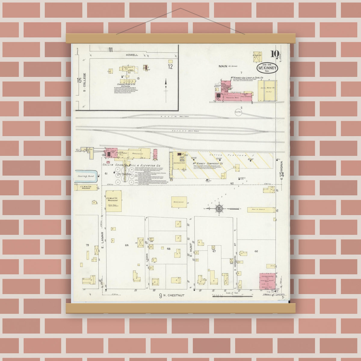 Old map wall art mockup — magnetic wood frame on brick wall — Sanborn Fire Insurance Map from McKinney, Collin County, Texas (1914), Sheet #0010