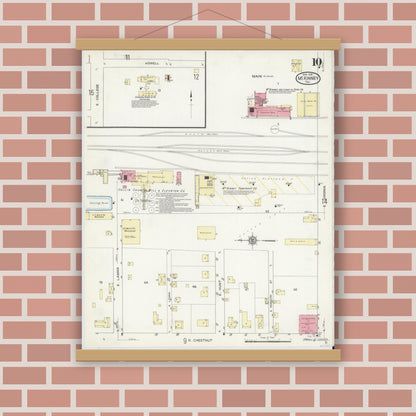 Old map wall art mockup — magnetic wood frame on brick wall — Sanborn Fire Insurance Map from McKinney, Collin County, Texas (1914), Sheet #0010