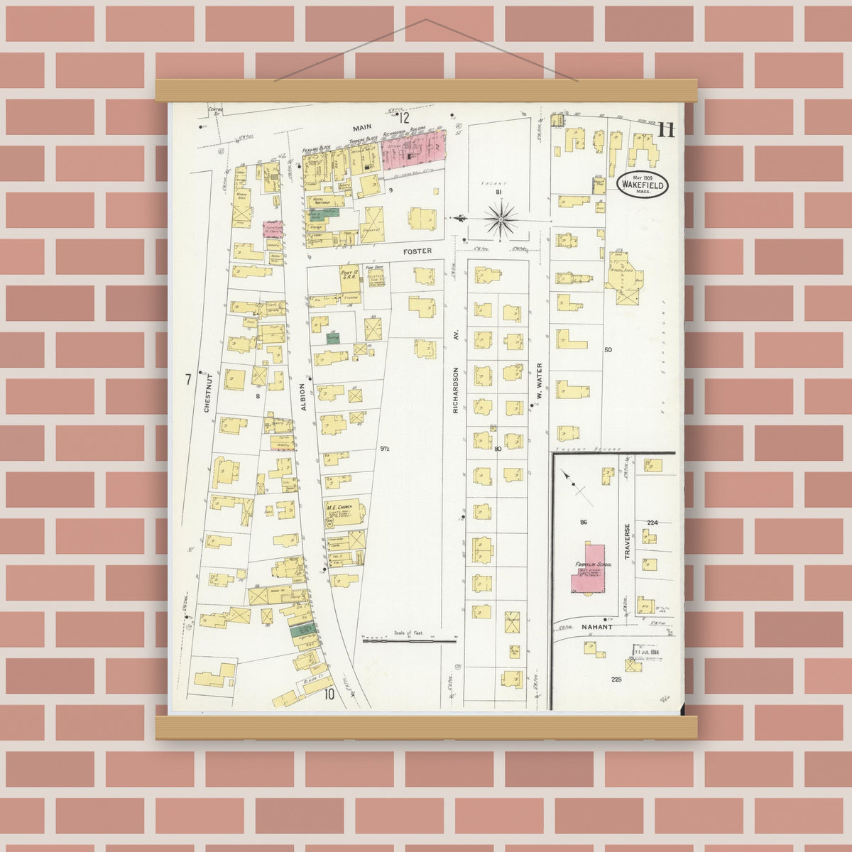 Old map wall art mockup — magnetic wood frame on brick wall — Sanborn Fire Insurance Map from Wakefield, Middlesex County, Massachusetts (1909), Sheet #0011