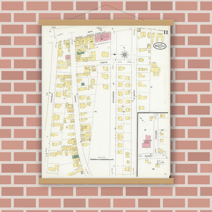Old map wall art mockup — magnetic wood frame on brick wall — Sanborn Fire Insurance Map from Wakefield, Middlesex County, Massachusetts (1909), Sheet #0011