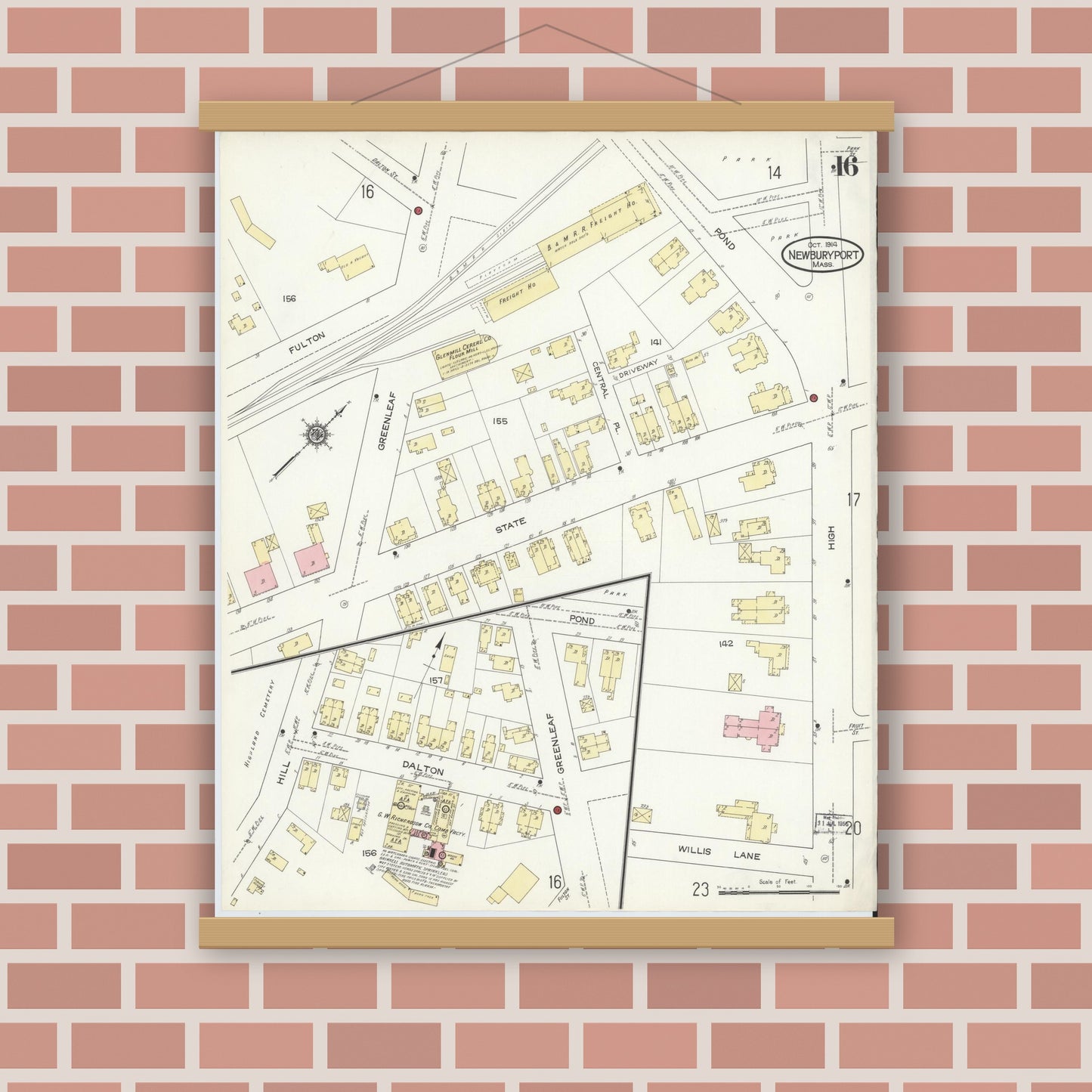 Old map wall art mockup — magnetic wood frame on brick wall — Sanborn Fire Insurance Map from Newburyport, Essex County, Massachusetts (1914), Sheet #0016