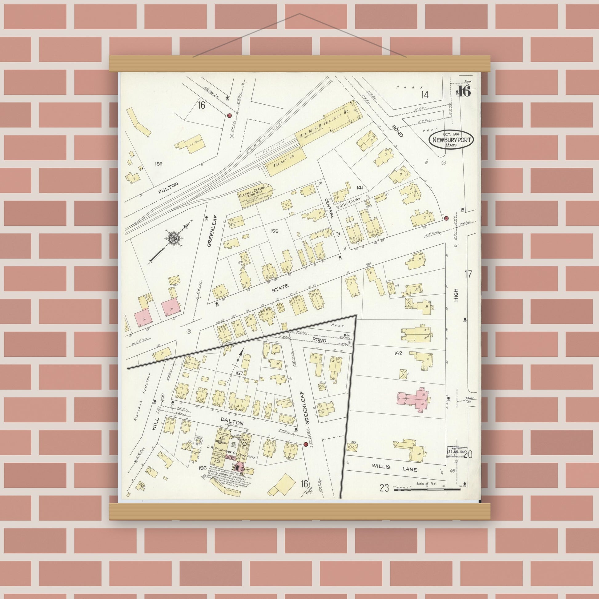 Old map wall art mockup — magnetic wood frame on brick wall — Sanborn Fire Insurance Map from Newburyport, Essex County, Massachusetts (1914), Sheet #0016