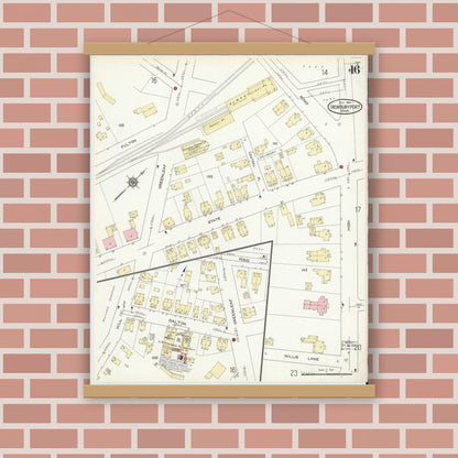 Old map wall art mockup — magnetic wood frame on brick wall — Sanborn Fire Insurance Map from Newburyport, Essex County, Massachusetts (1914), Sheet #0016