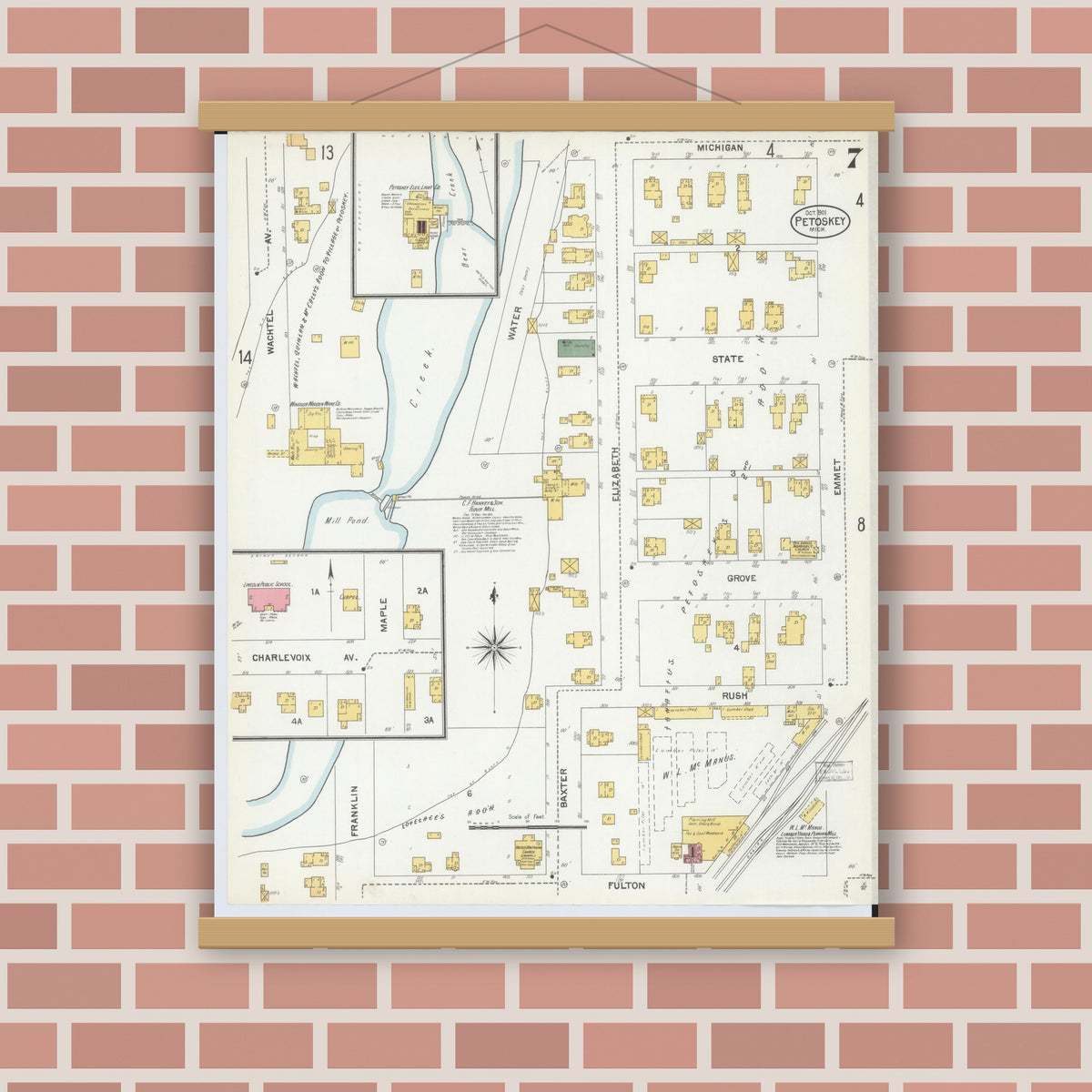 Old map wall art mockup — magnetic wood frame on brick wall — Sanborn Fire Insurance Map from Petoskey, Emmet County, Michigan (1901), Sheet #0007