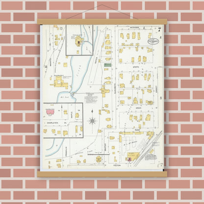Old map wall art mockup — magnetic wood frame on brick wall — Sanborn Fire Insurance Map from Petoskey, Emmet County, Michigan (1901), Sheet #0007