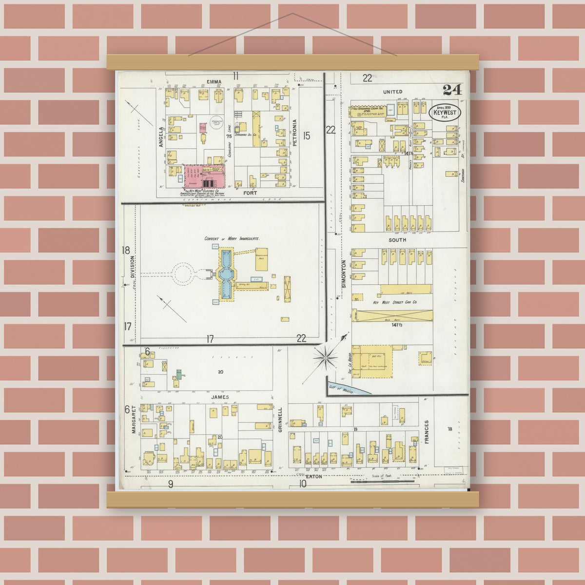 Old map wall art mockup — magnetic wood frame on brick wall — Sanborn Fire Insurance Map from Key West, Monroe County, Florida (1899), Sheet #0024