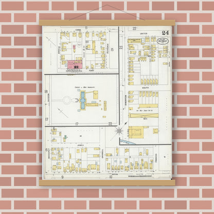 Old map wall art mockup — magnetic wood frame on brick wall — Sanborn Fire Insurance Map from Key West, Monroe County, Florida (1899), Sheet #0024