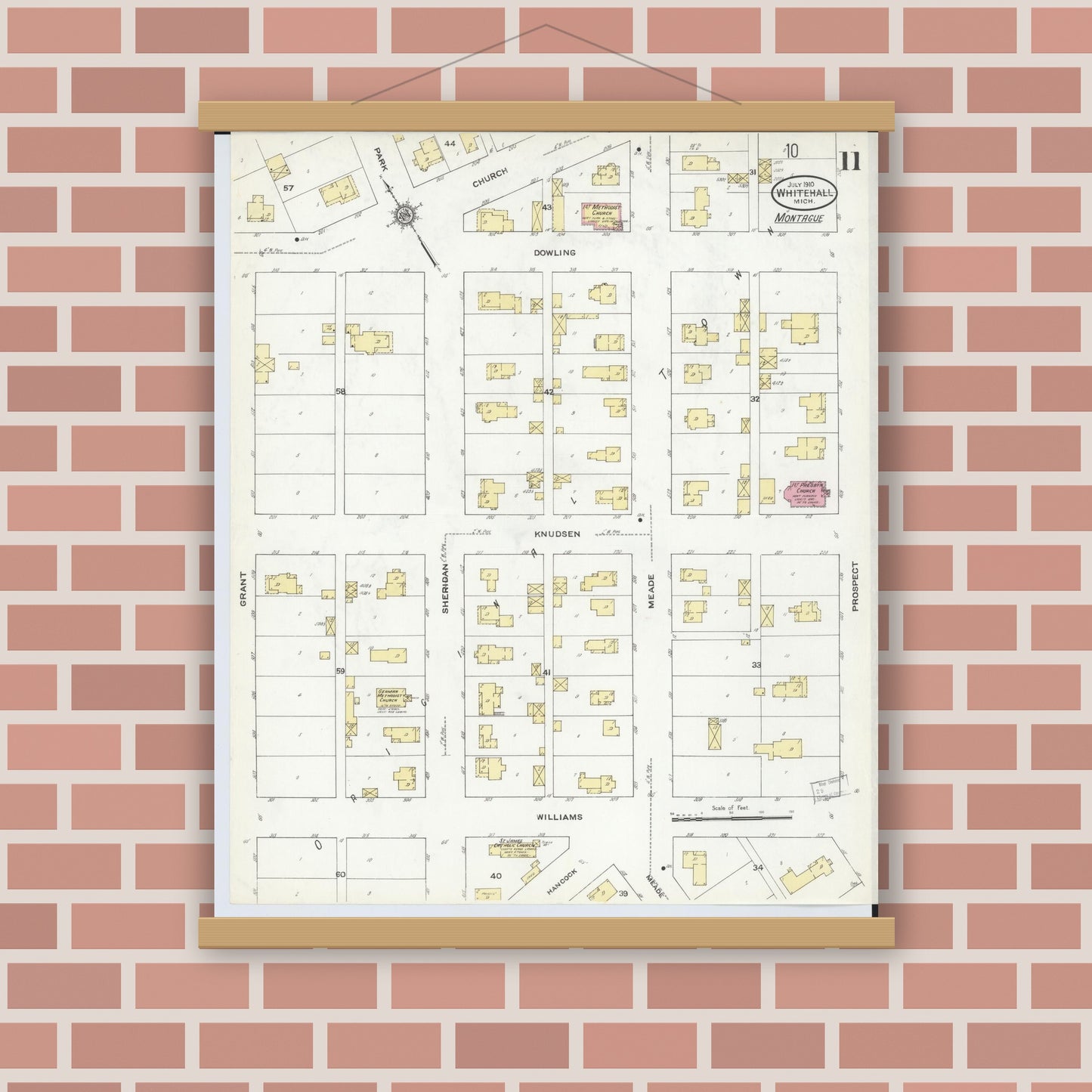 Old map wall art mockup — magnetic wood frame on brick wall — Sanborn Fire Insurance Map from Whitehall, Muskegon County, Michigan (1910), Sheet #0011