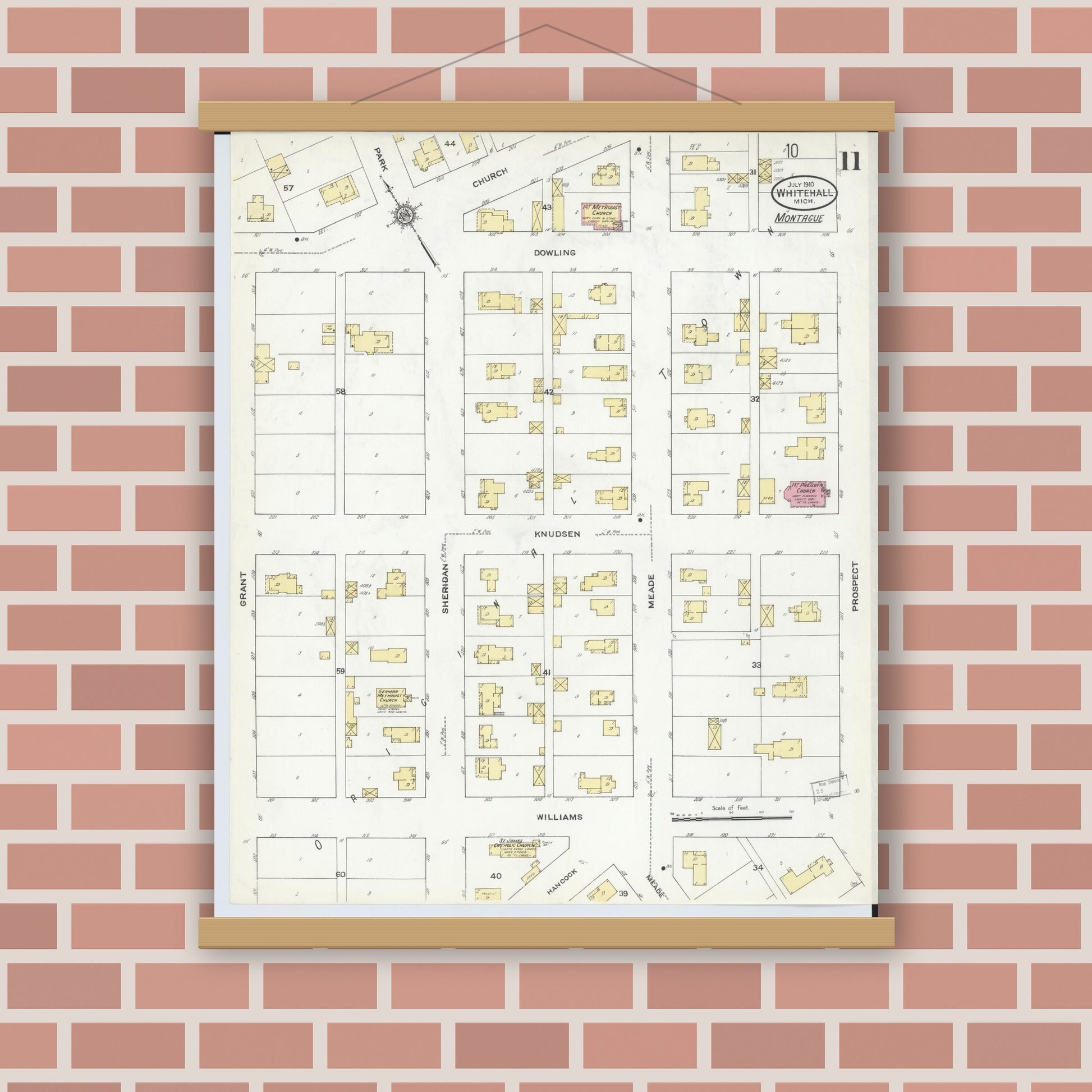 Old map wall art mockup — magnetic wood frame on brick wall — Sanborn Fire Insurance Map from Whitehall, Muskegon County, Michigan (1910), Sheet #0011