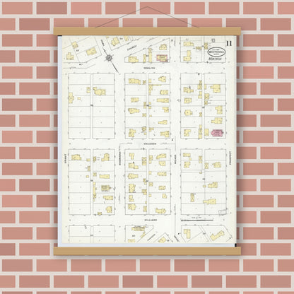 Old map wall art mockup — magnetic wood frame on brick wall — Sanborn Fire Insurance Map from Whitehall, Muskegon County, Michigan (1910), Sheet #0011