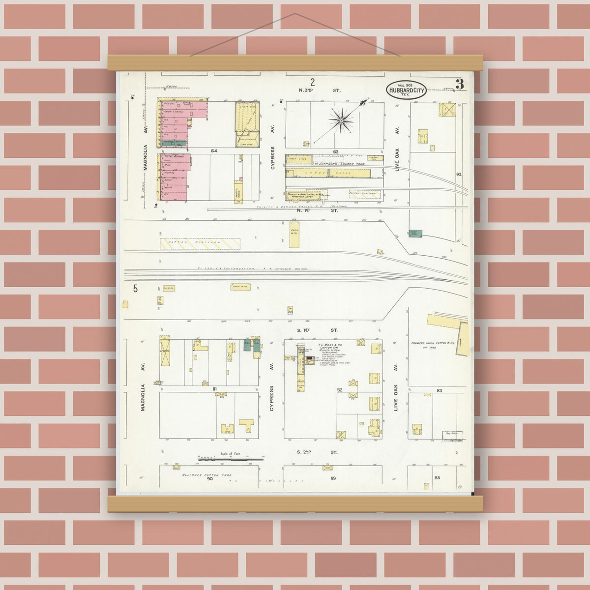 Old map wall art mockup — magnetic wood frame on brick wall — Sanborn Fire Insurance Map from Hubbard, Hill County, Texas (1909), Sheet #0003