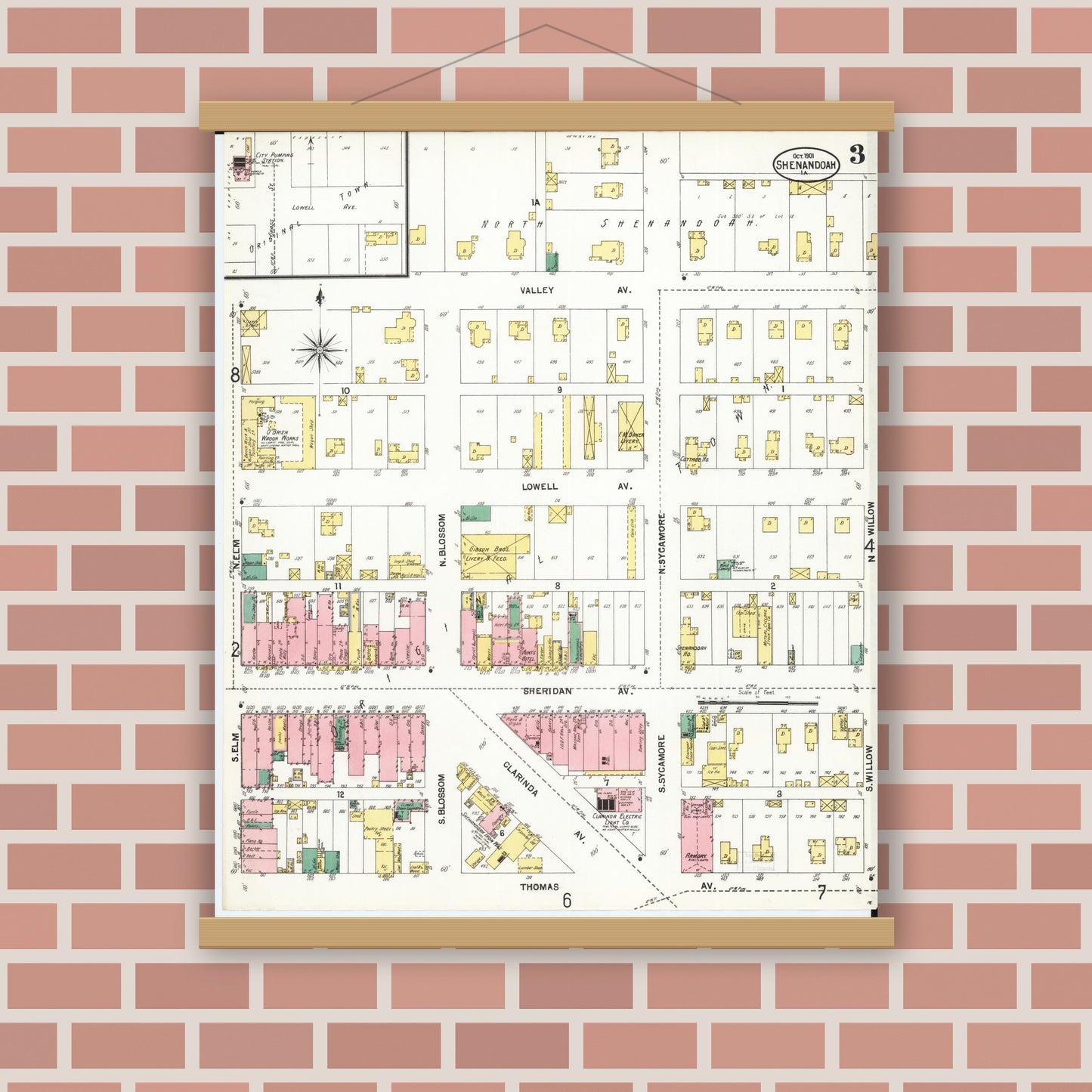 Old map wall art mockup — magnetic wood frame on brick wall — Sanborn Fire Insurance Map from Shenandoah, Page County, Iowa (1901), Sheet #0003