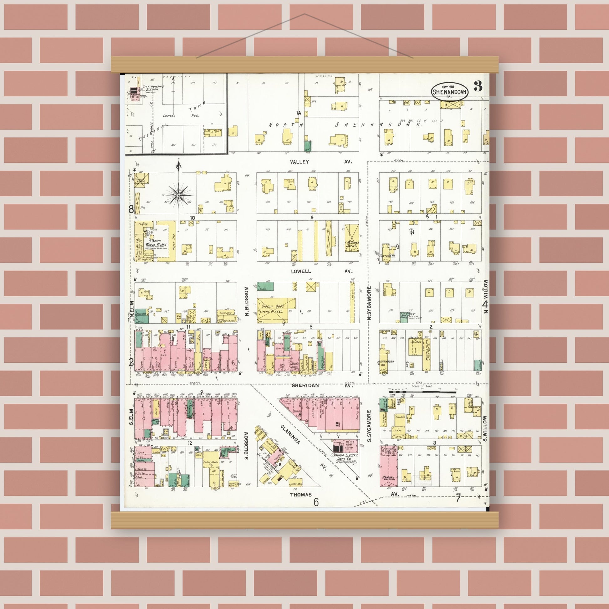 Old map wall art mockup — magnetic wood frame on brick wall — Sanborn Fire Insurance Map from Shenandoah, Page County, Iowa (1901), Sheet #0003