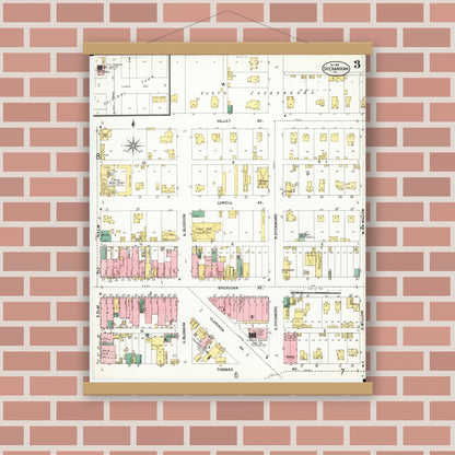 Old map wall art mockup — magnetic wood frame on brick wall — Sanborn Fire Insurance Map from Shenandoah, Page County, Iowa (1901), Sheet #0003