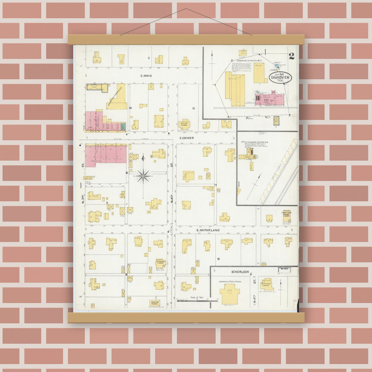Old map wall art mockup — magnetic wood frame on brick wall — Sanborn Fire Insurance Map from Grandview, Johnson County, Texas (1905), Sheet #0002