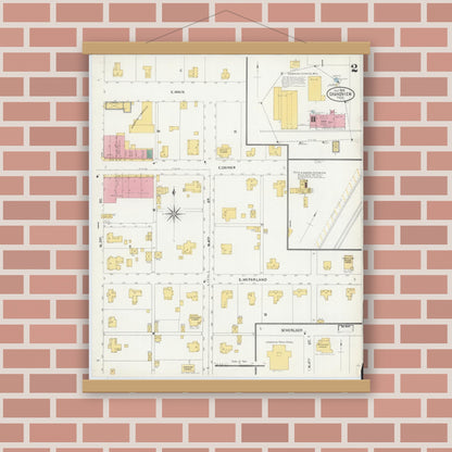 Old map wall art mockup — magnetic wood frame on brick wall — Sanborn Fire Insurance Map from Grandview, Johnson County, Texas (1905), Sheet #0002