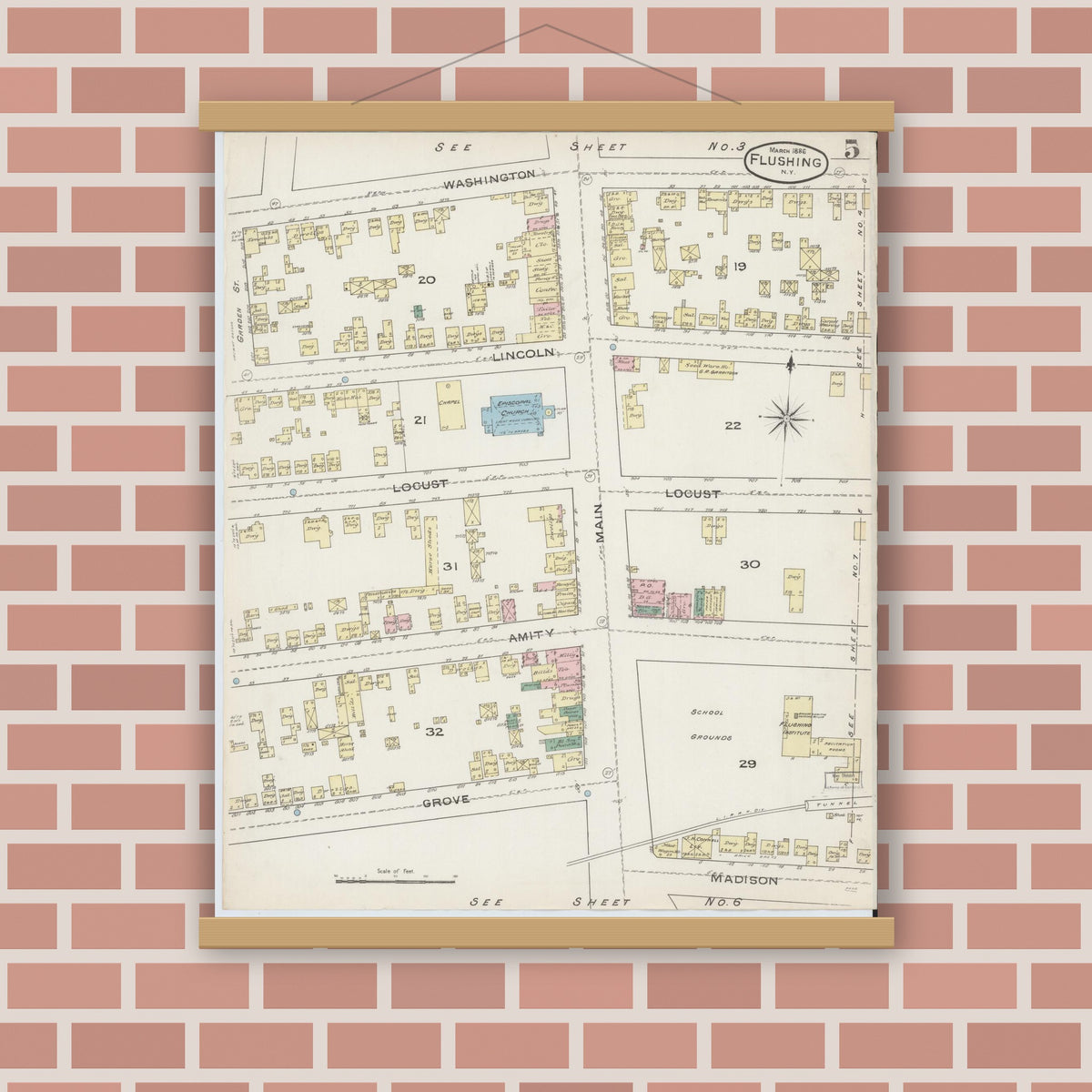 Old map wall art mockup — magnetic wood frame on brick wall — Sanborn Fire Insurance Map from Flushing, Queens County, New York (1886), Sheet #0005