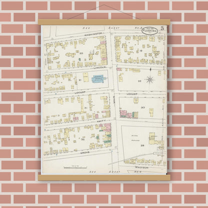 Old map wall art mockup — magnetic wood frame on brick wall — Sanborn Fire Insurance Map from Flushing, Queens County, New York (1886), Sheet #0005