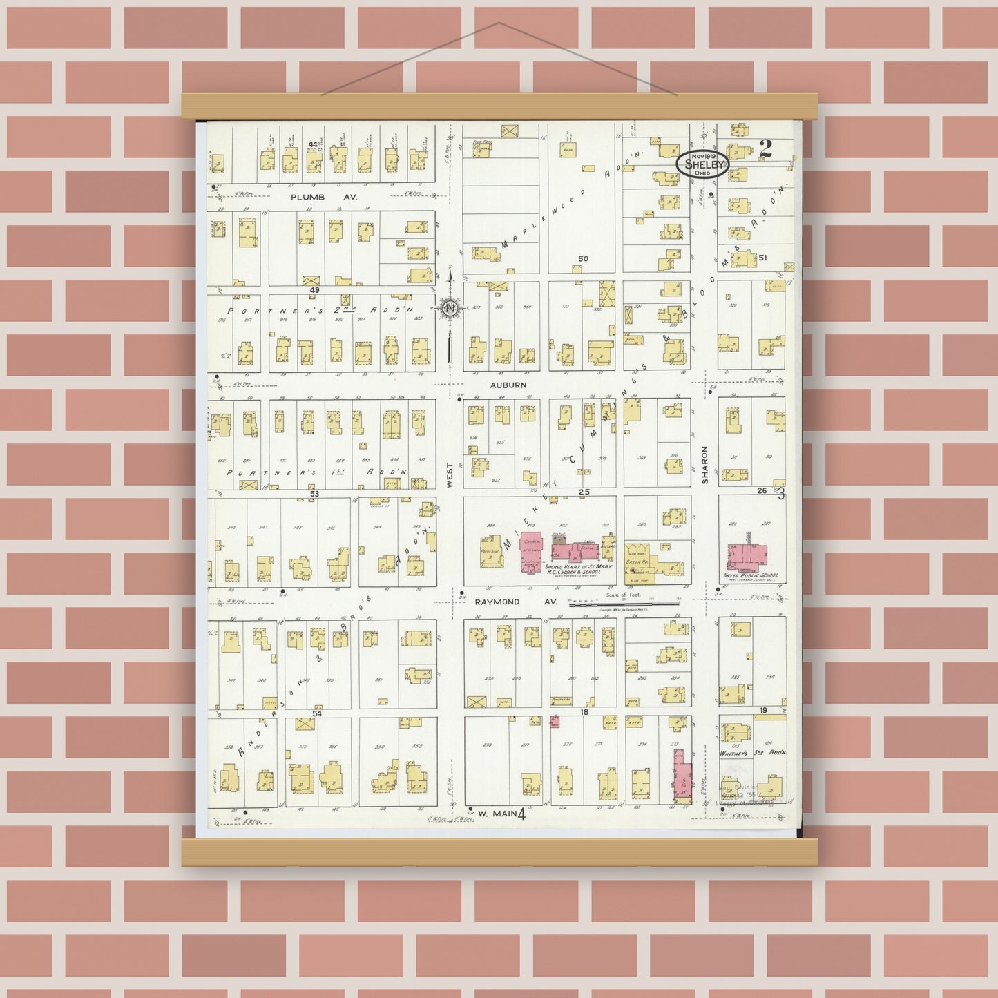 Old map wall art mockup — magnetic wood frame on brick wall — Sanborn Fire Insurance Map from Shelby, Richland County, Ohio (1919), Sheet #0002