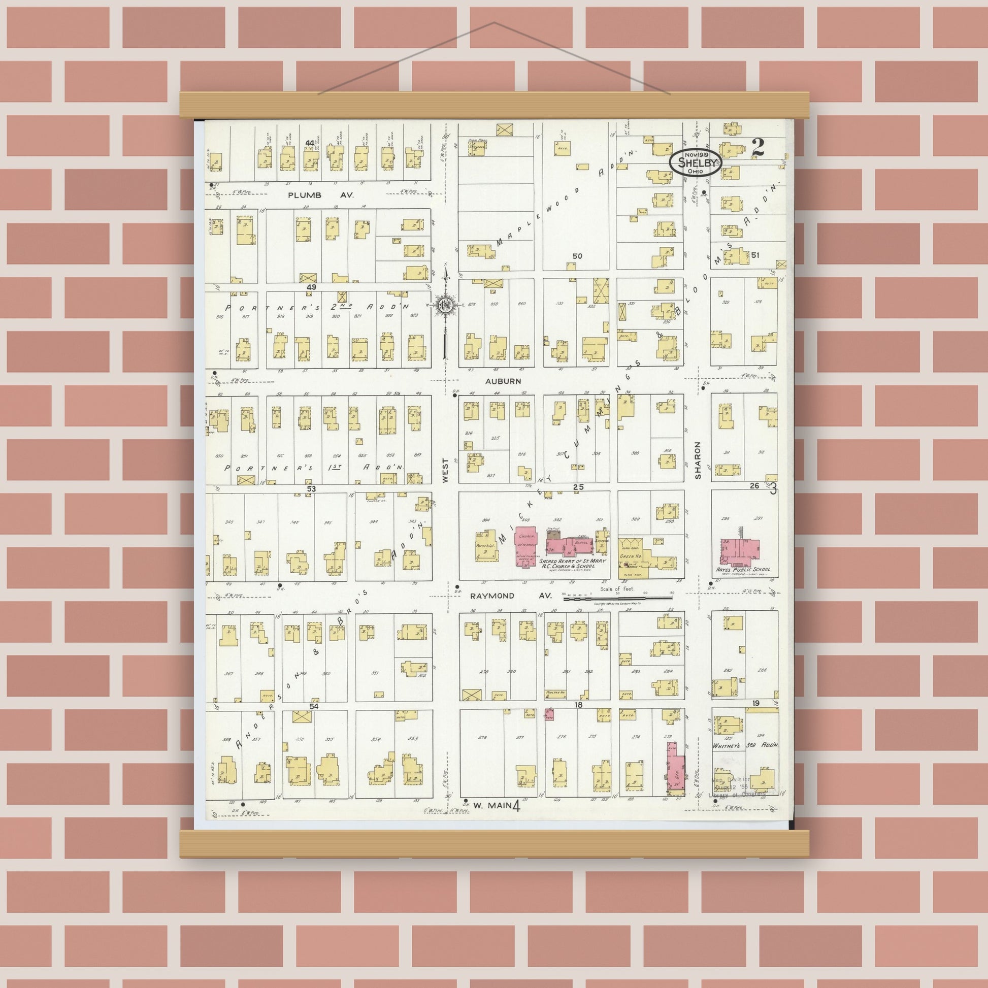 Old map wall art mockup — magnetic wood frame on brick wall — Sanborn Fire Insurance Map from Shelby, Richland County, Ohio (1919), Sheet #0002