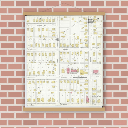 Old map wall art mockup — magnetic wood frame on brick wall — Sanborn Fire Insurance Map from Shelby, Richland County, Ohio (1919), Sheet #0002