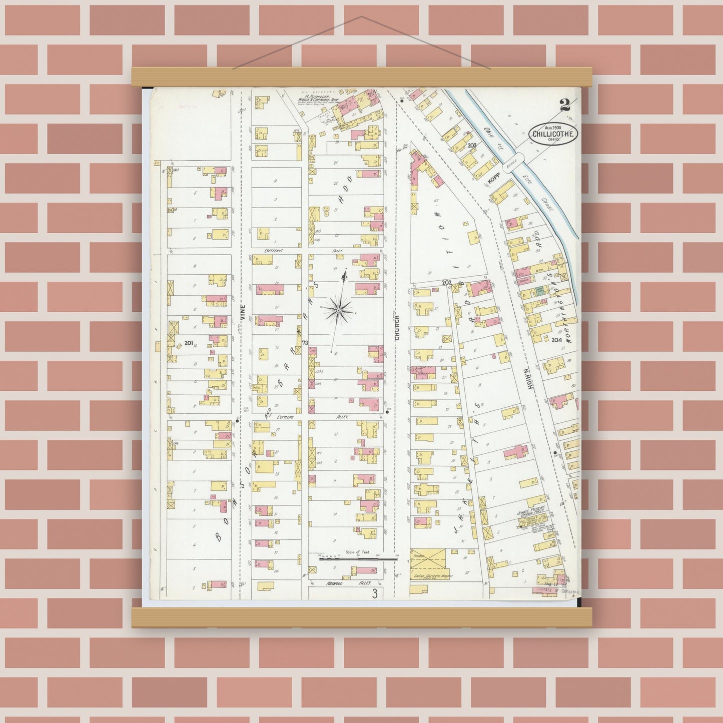Old map wall art mockup — magnetic wood frame on brick wall — Sanborn Fire Insurance Map from Chillicothe, Ross County, Ohio (1900), Sheet #0002